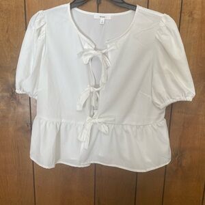 MINE White Tie-Front Peplum Top with Puff Sleeves